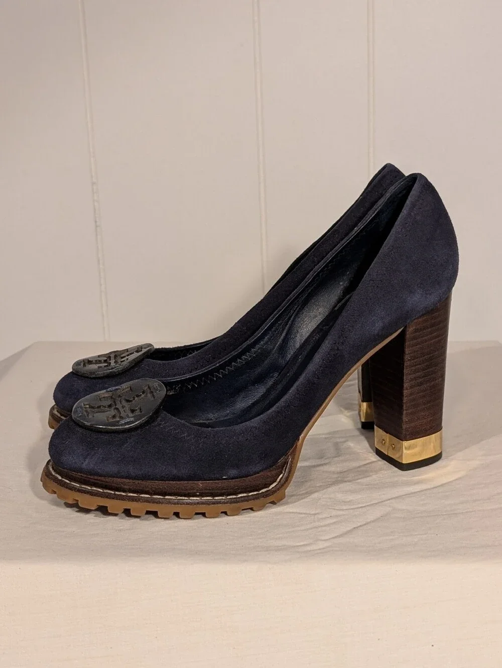 Tory Burch Navy Suede Block Heel Pumps